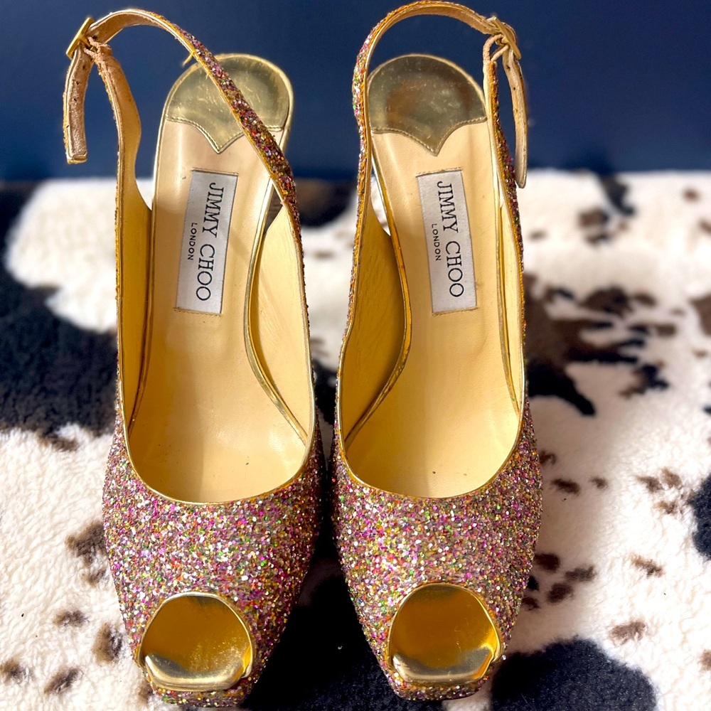 Jimmy Choo sparkly gold heels.